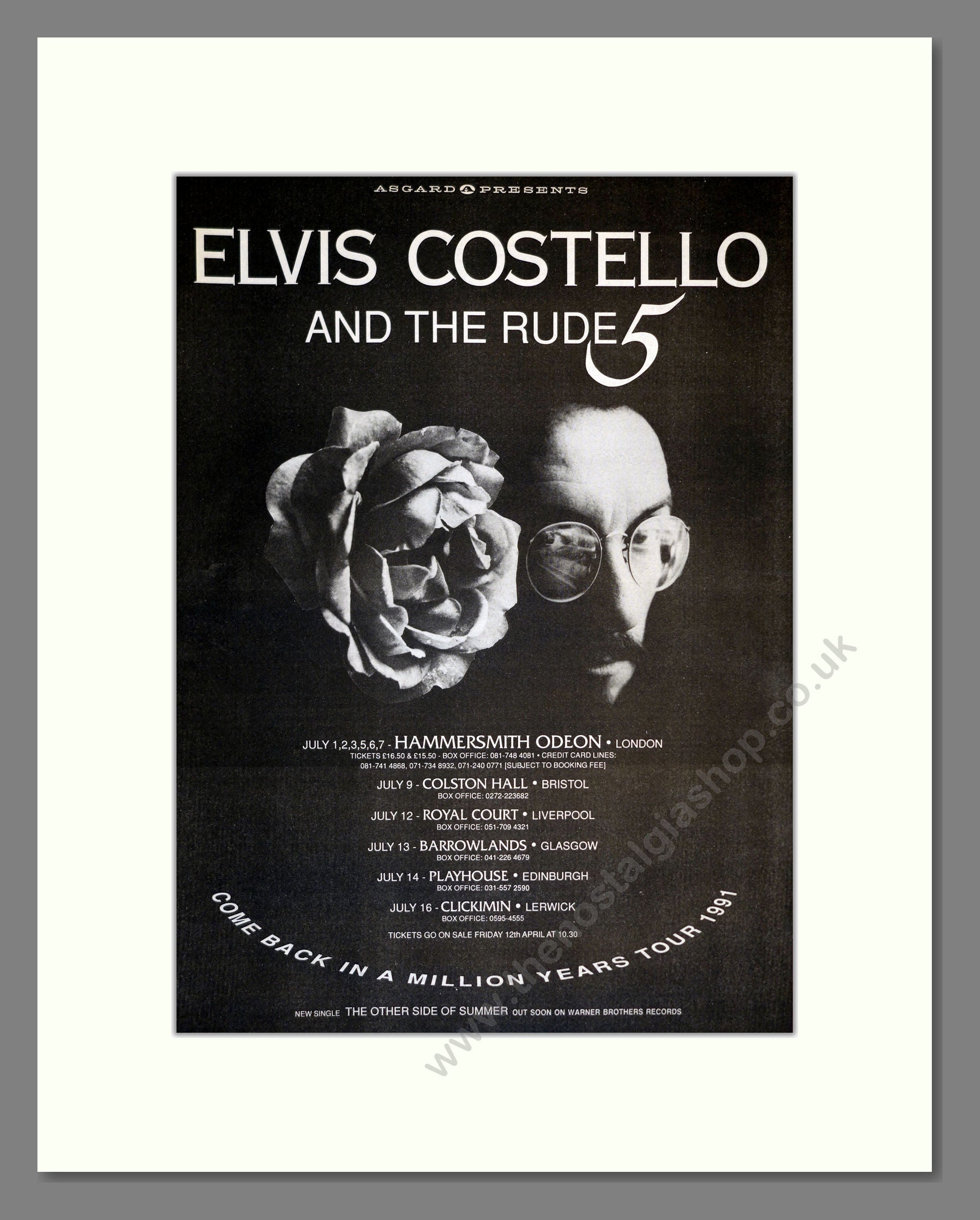 Elvis Costello and The Rude 5 - UK Tour. Vintage Advert 1991 (ref AD17411)