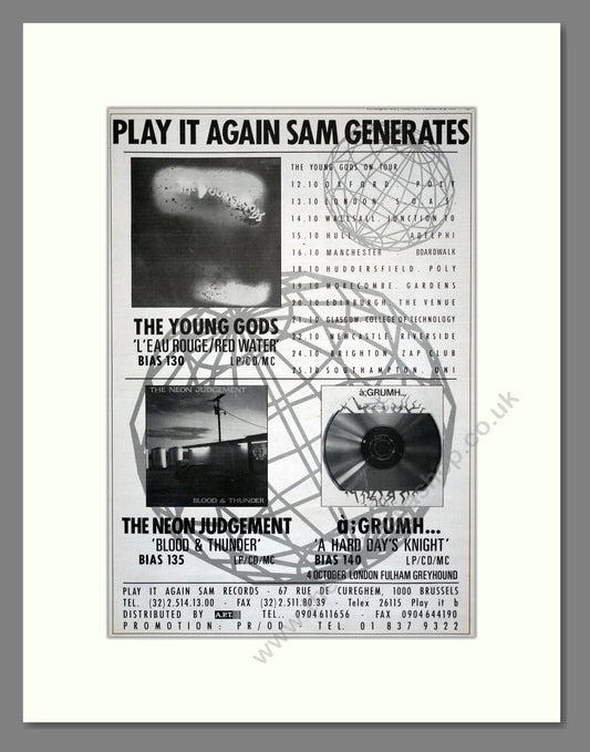 Young Gods / Neon Judgement / A Grumh - Play It Again Sam Records. Vintage Advert 1989 (ref AD17461)