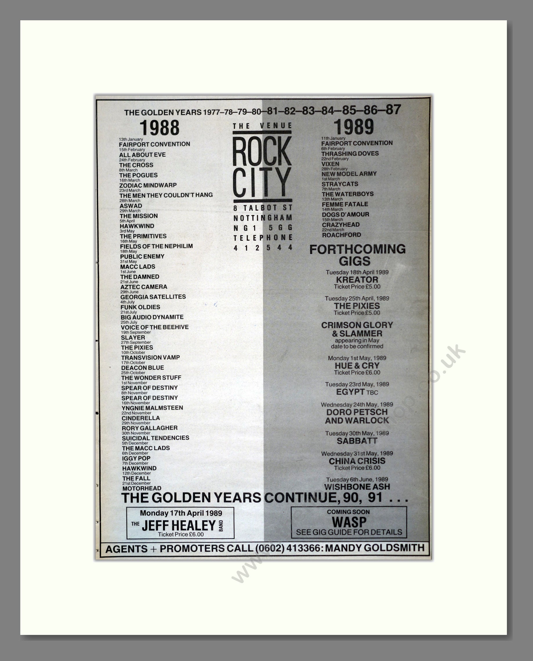 Various Artists - Rock City Gig List. Vintage Advert 1989 (ref AD17471)