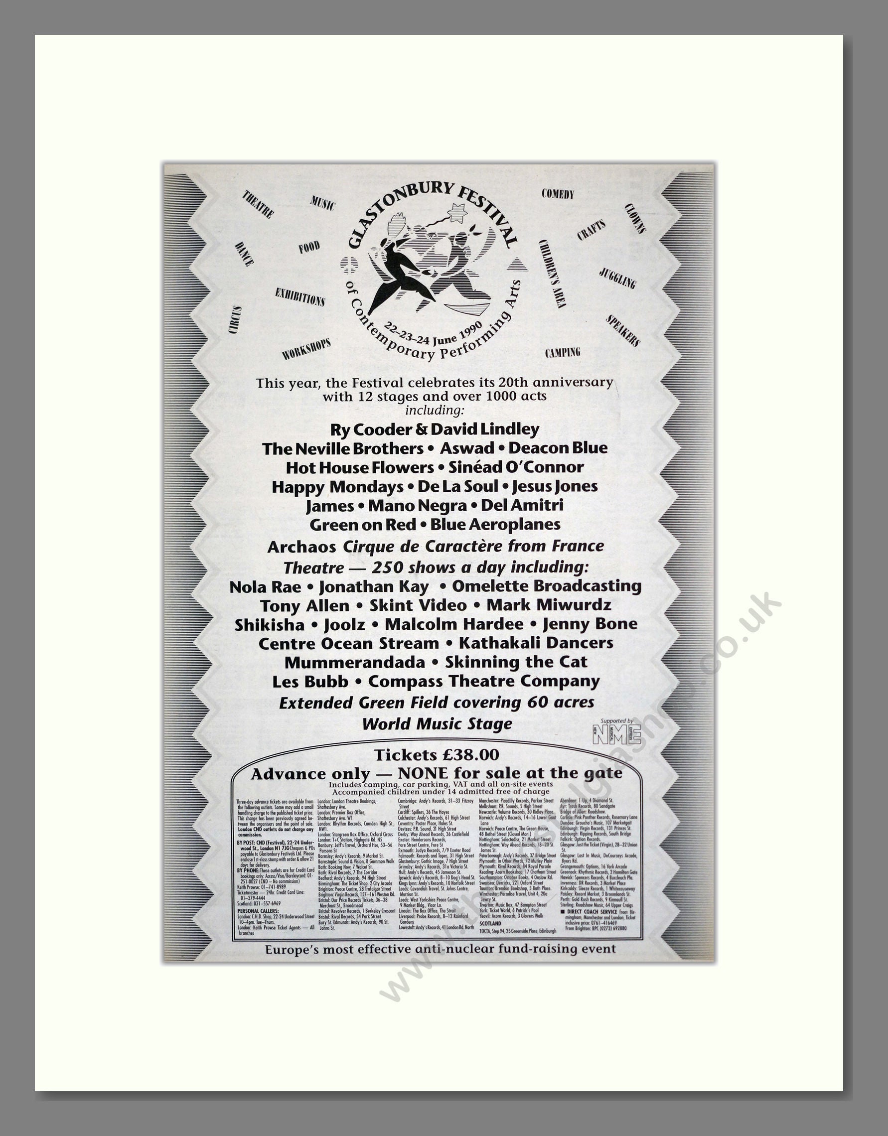 Glastonbury Festival - Line Up. Vintage Advert 1990 (ref AD17484)