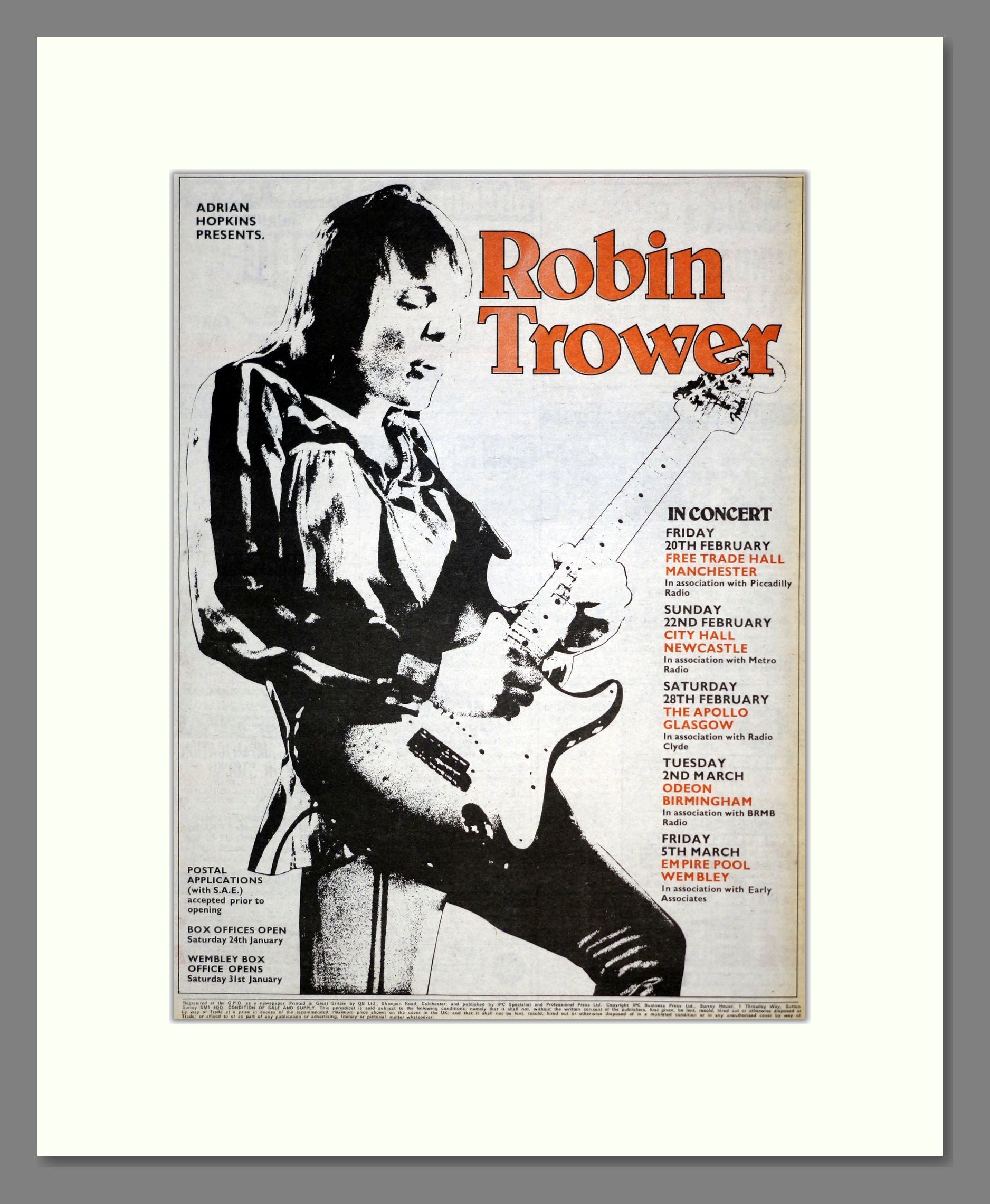 Robin Trower - UK Tour. Vintage Advert 1976 (ref AD17525)