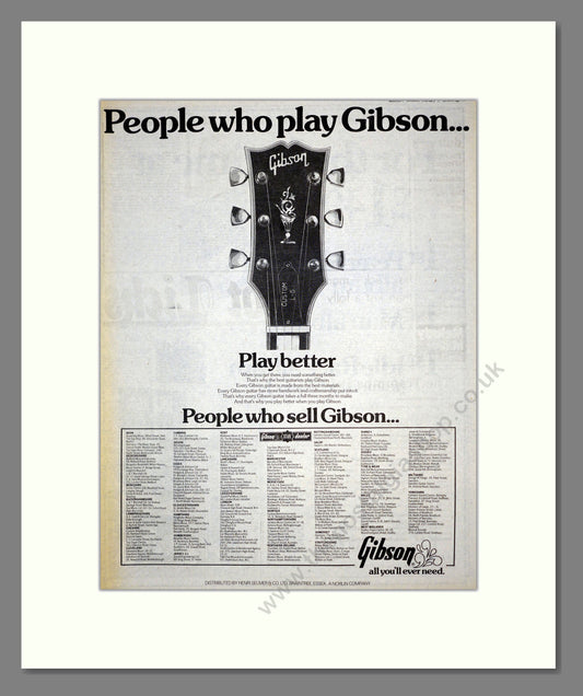 Gibson Guitars - Stockist List. Vintage Advert 1976 (ref AD17589)