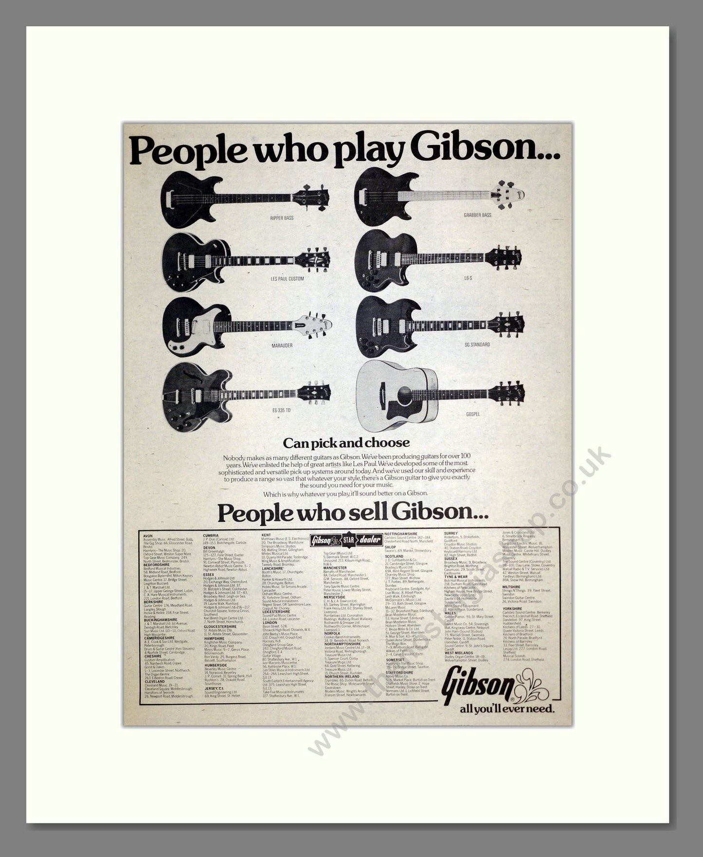 Gibson Guitars - Stockist List. Vintage Advert 1976 (ref AD17599)