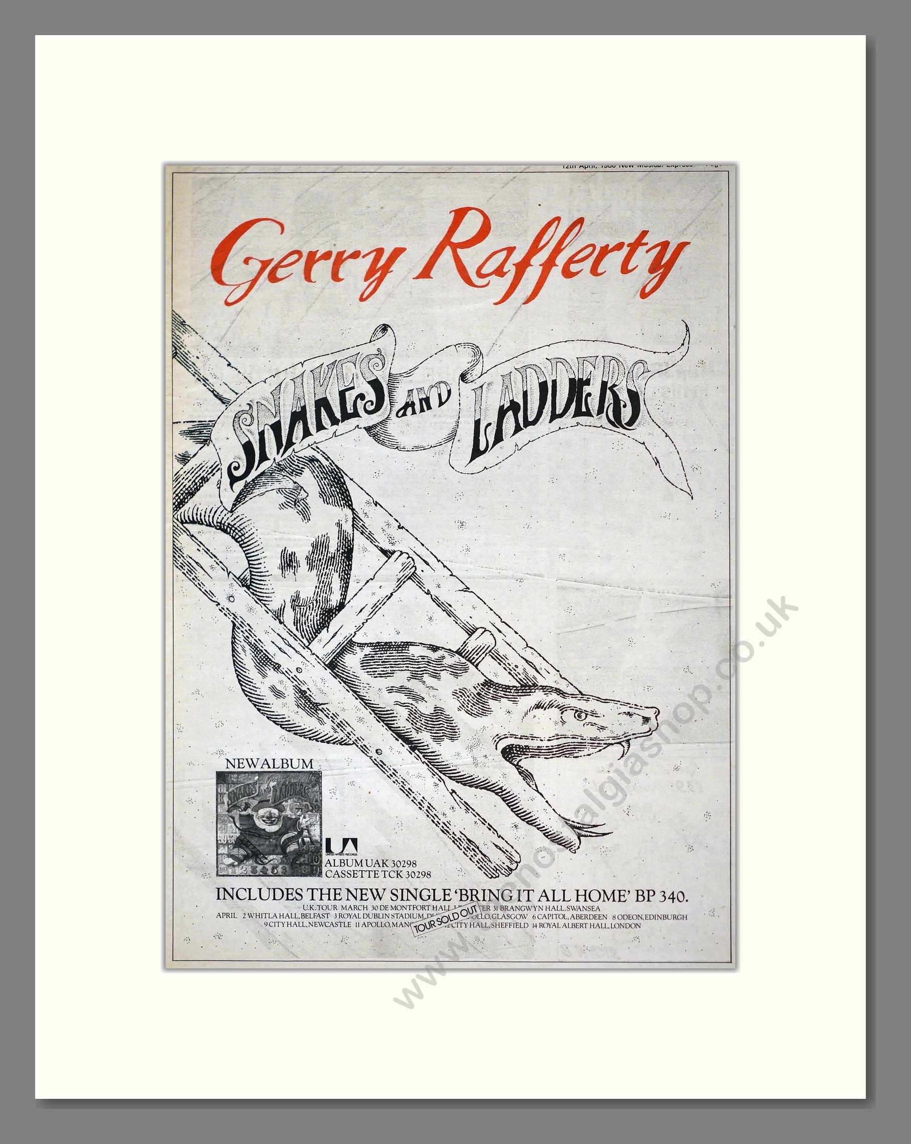 Gerry Rafferty - Snakes And Ladders. Vintage Advert 1980 (ref AD17653)