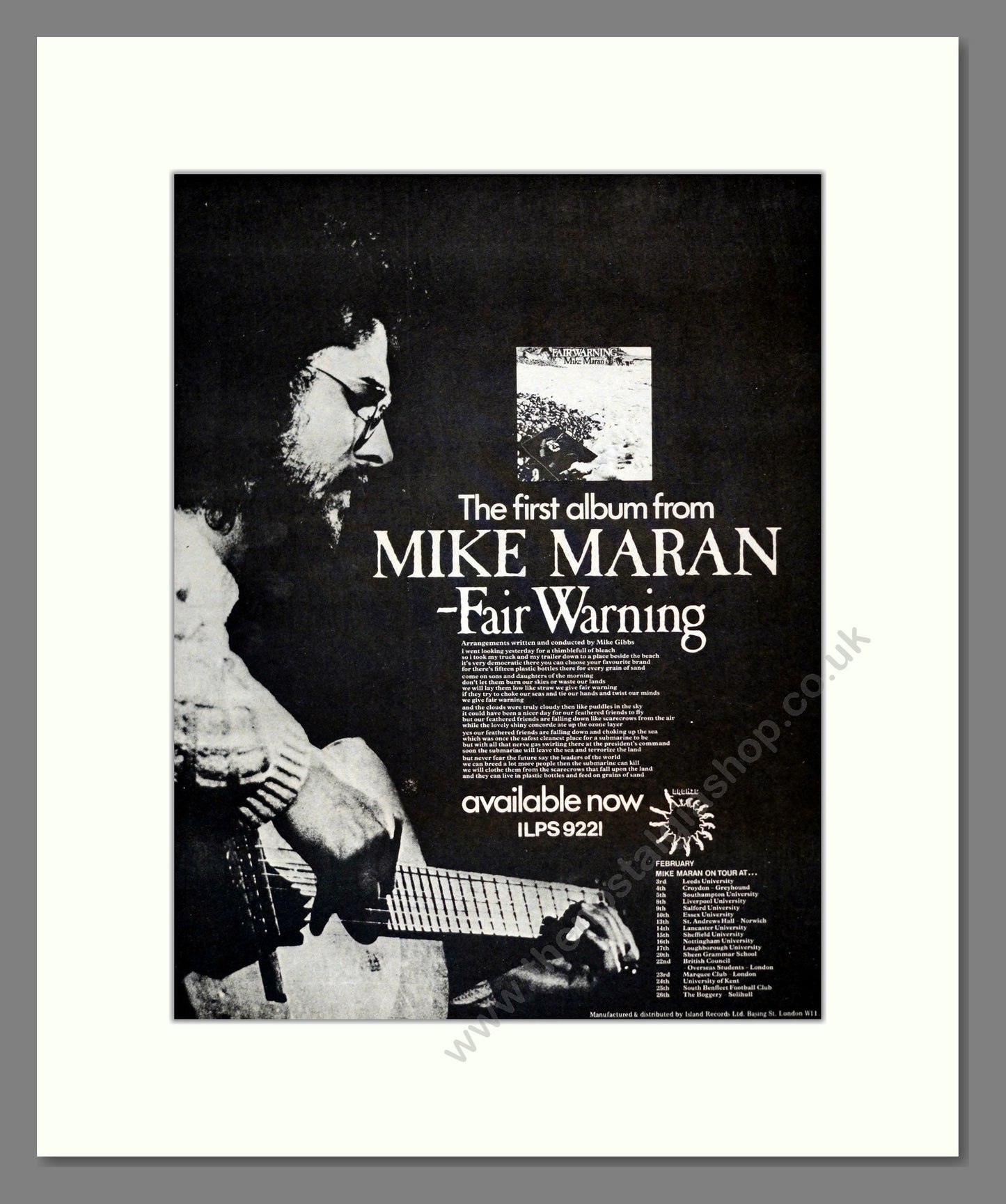 Mike Maran - Fair Warning. Vintage Advert 1973 (ref AD17665)