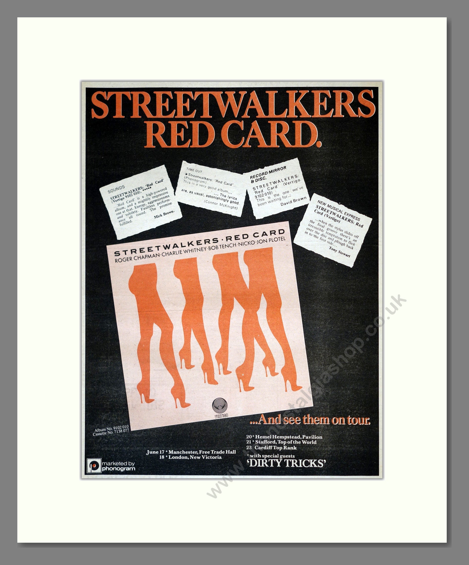 Streetwalkers - Red Card. Vintage Advert 1976 (ref AD17817)