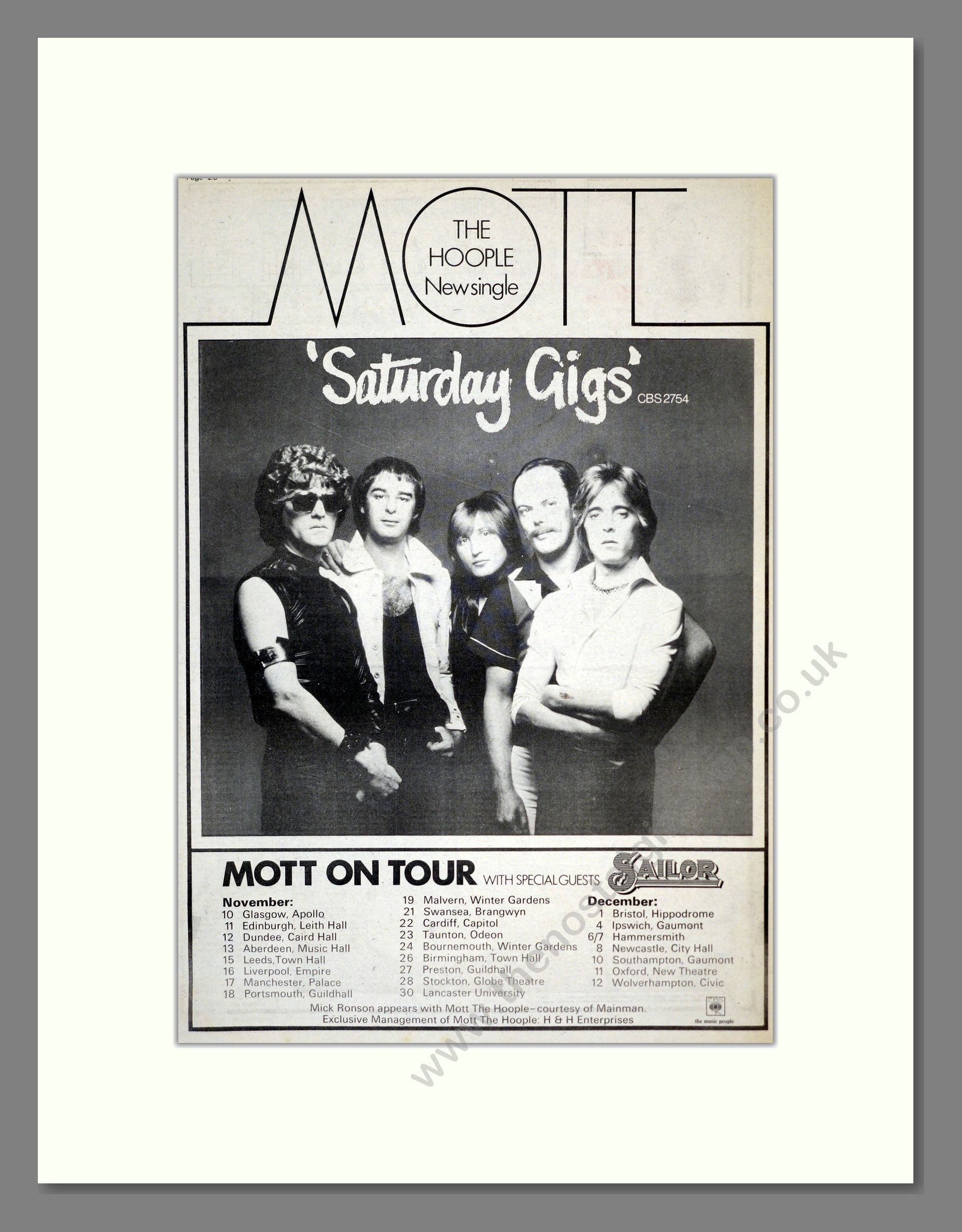 Mott The Hoople - Saturday Gigs. Vintage Advert 1974 (ref AD17922)