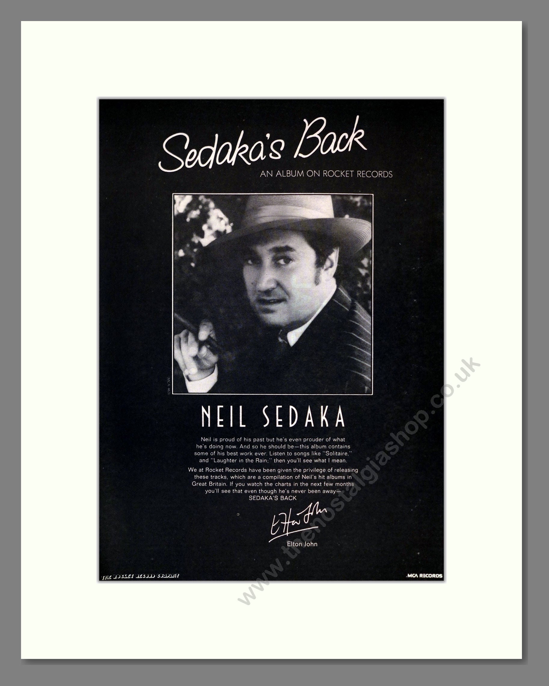 Neil Sedaka - Sedaka's Back. Vintage Advert 1974 (ref AD301900)