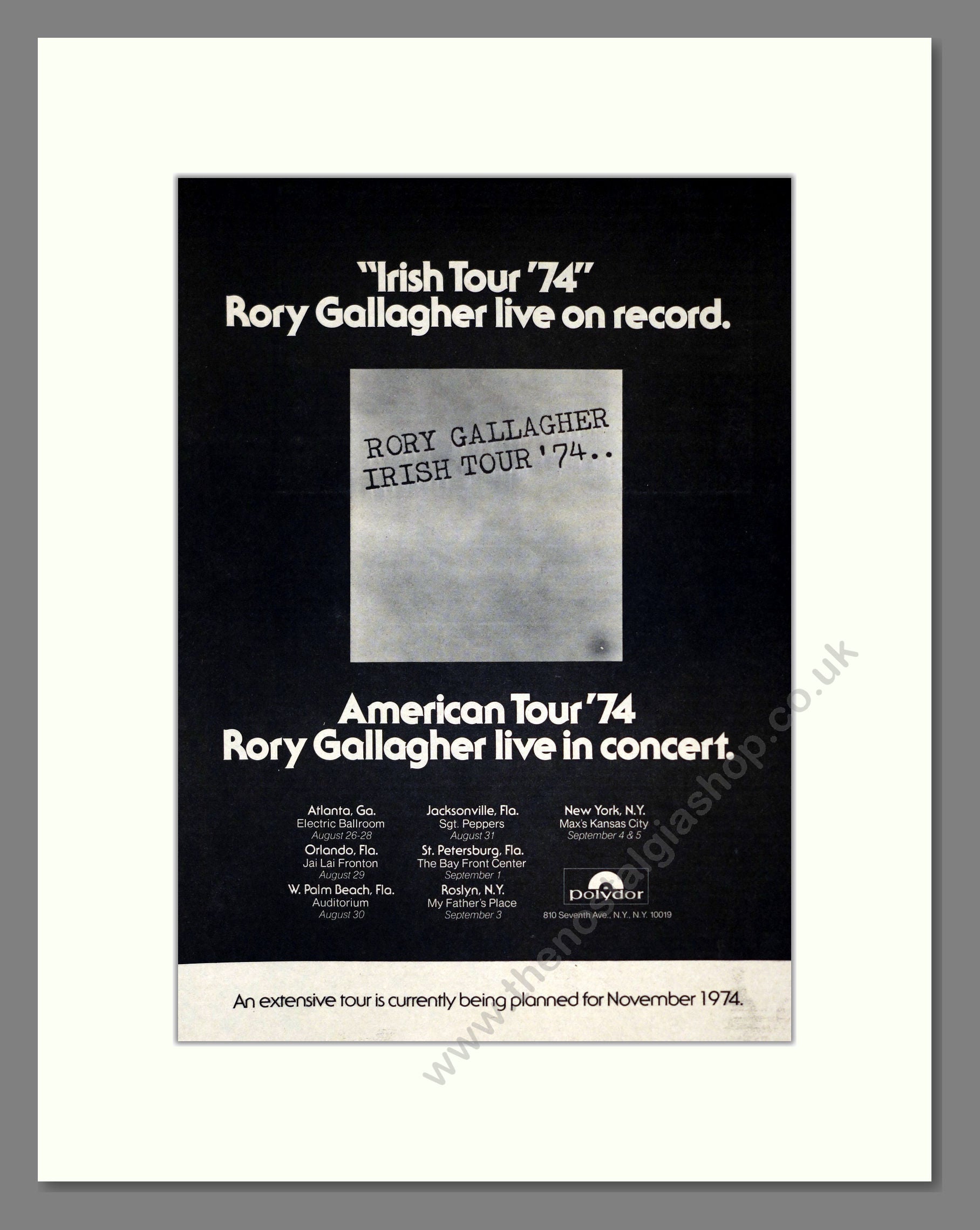 Rory Gallagher - Irish Tour 74. Vintage Advert 1974 (ref AD301911)