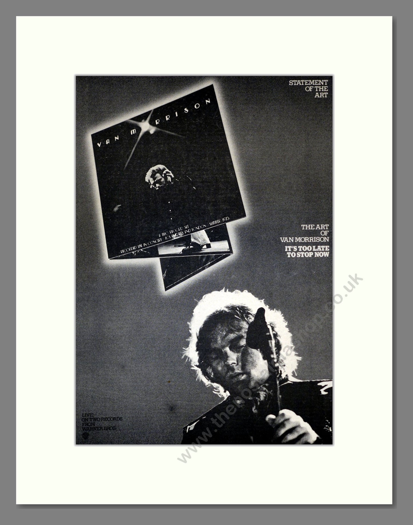 Van Morrison - It's Too Late To Stop Now. Vintage Advert 1974 (ref AD301938)