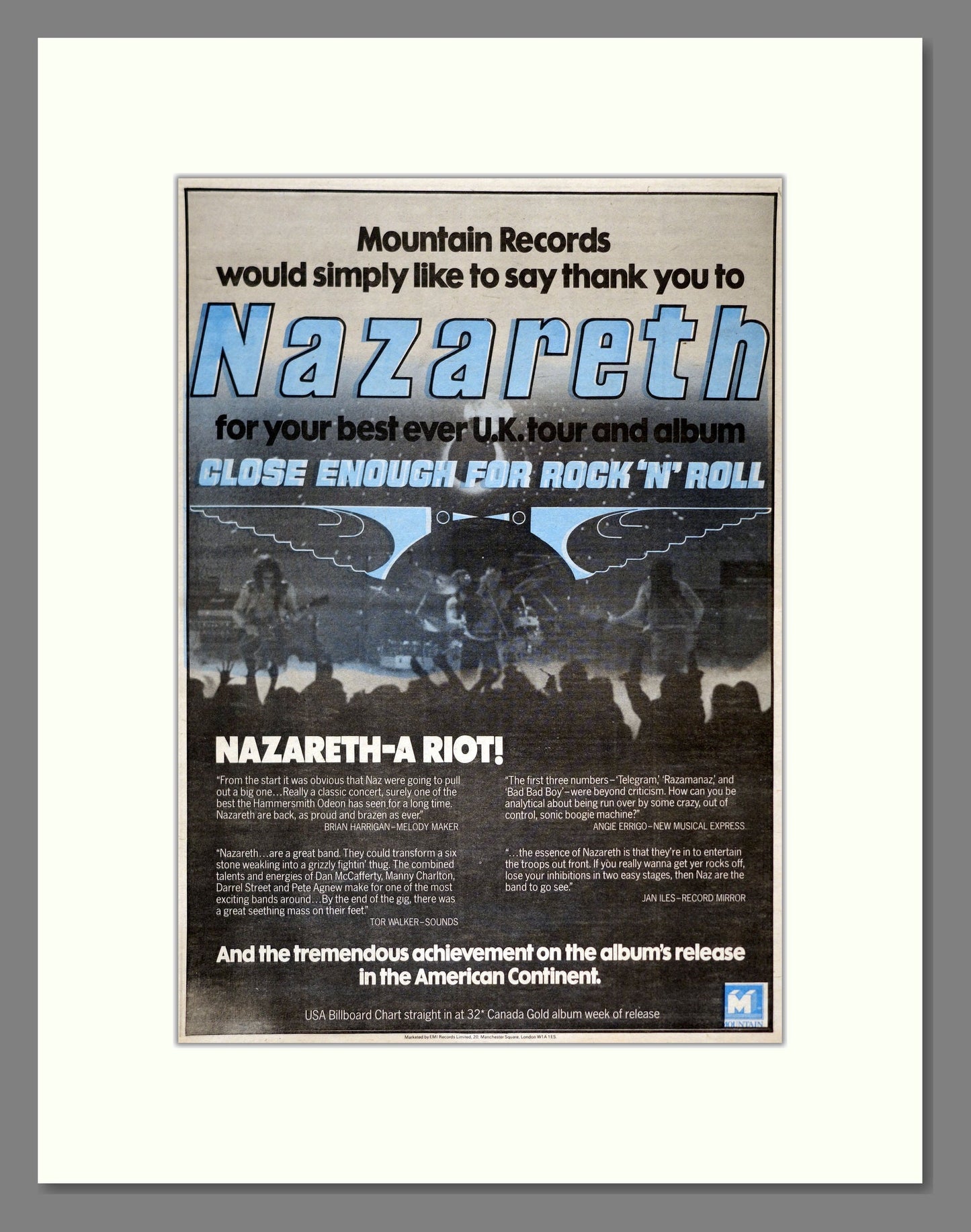 Nazareth - Close Enough For Rock N Roll. Vintage Advert 1976 (ref AD18027)