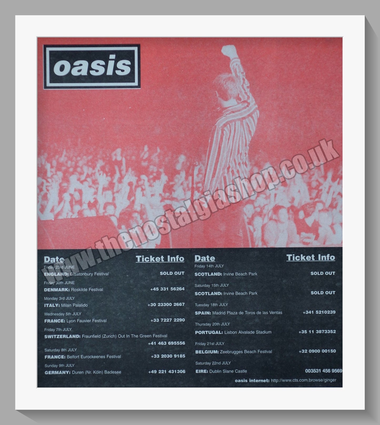 Oasis. European Tour Dates. 1995. Original advert. (ref AD56488)