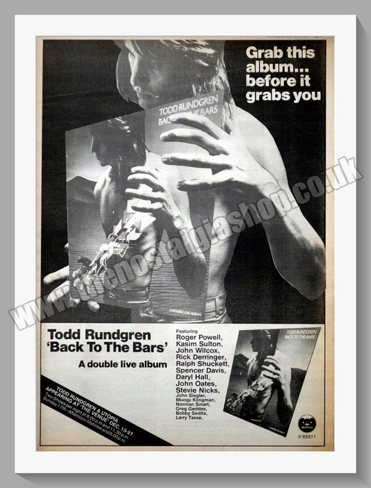 Todd Rundgren. Back To The Bars Original Advert 1978 (ref AD14259)