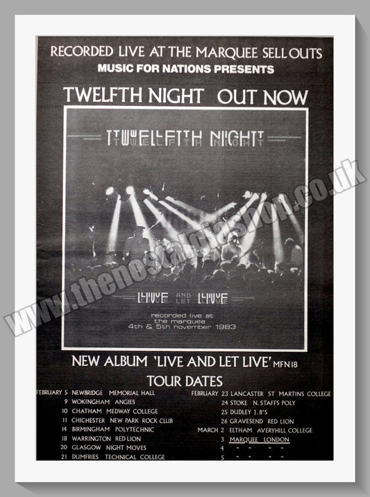 Twelfth Night. Live And Let Live. Original Advert 1984 (ref AD14267)