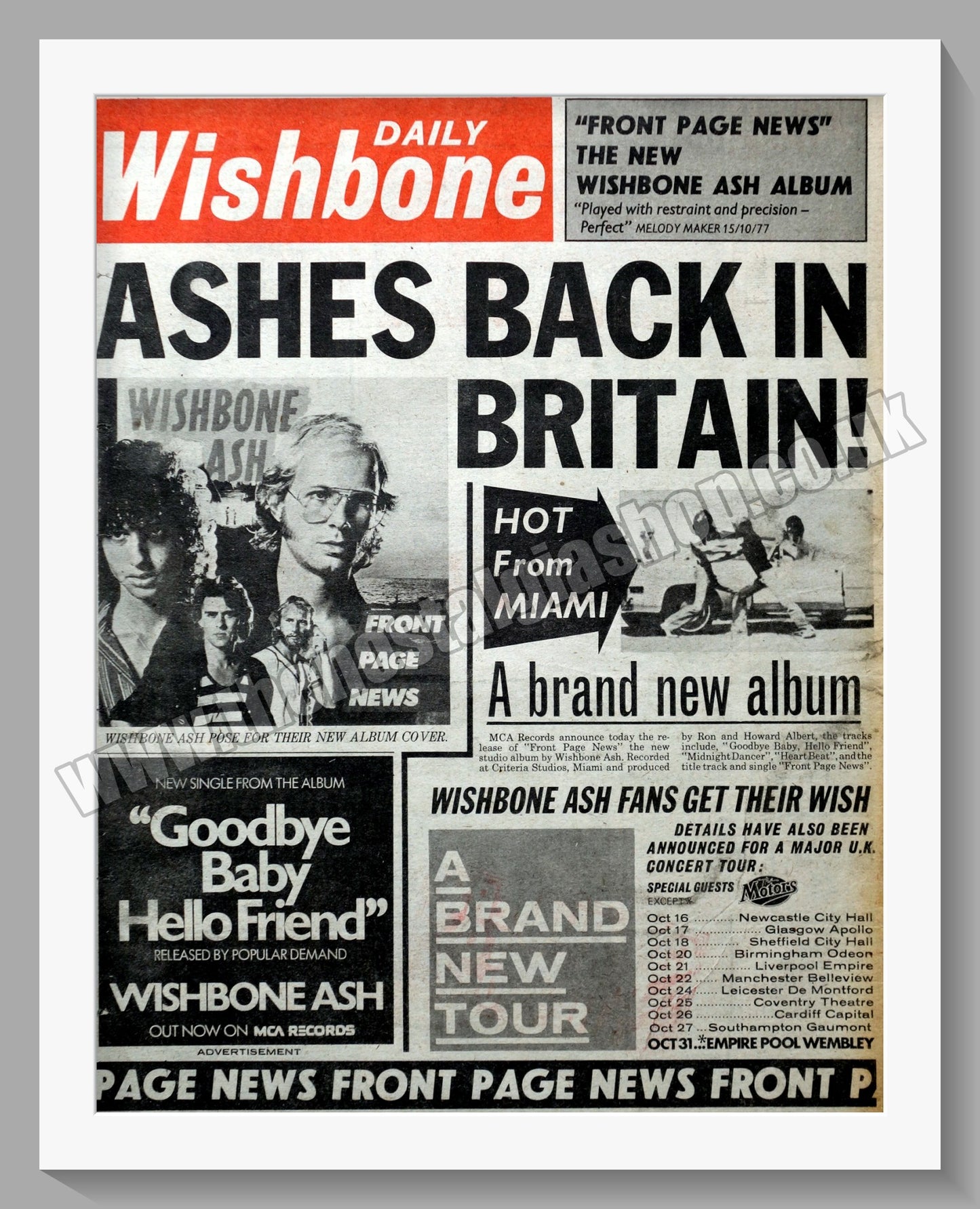 Wishbone Ash. Front Page News. Original Vintage Advert 1977 (ref AD14388)