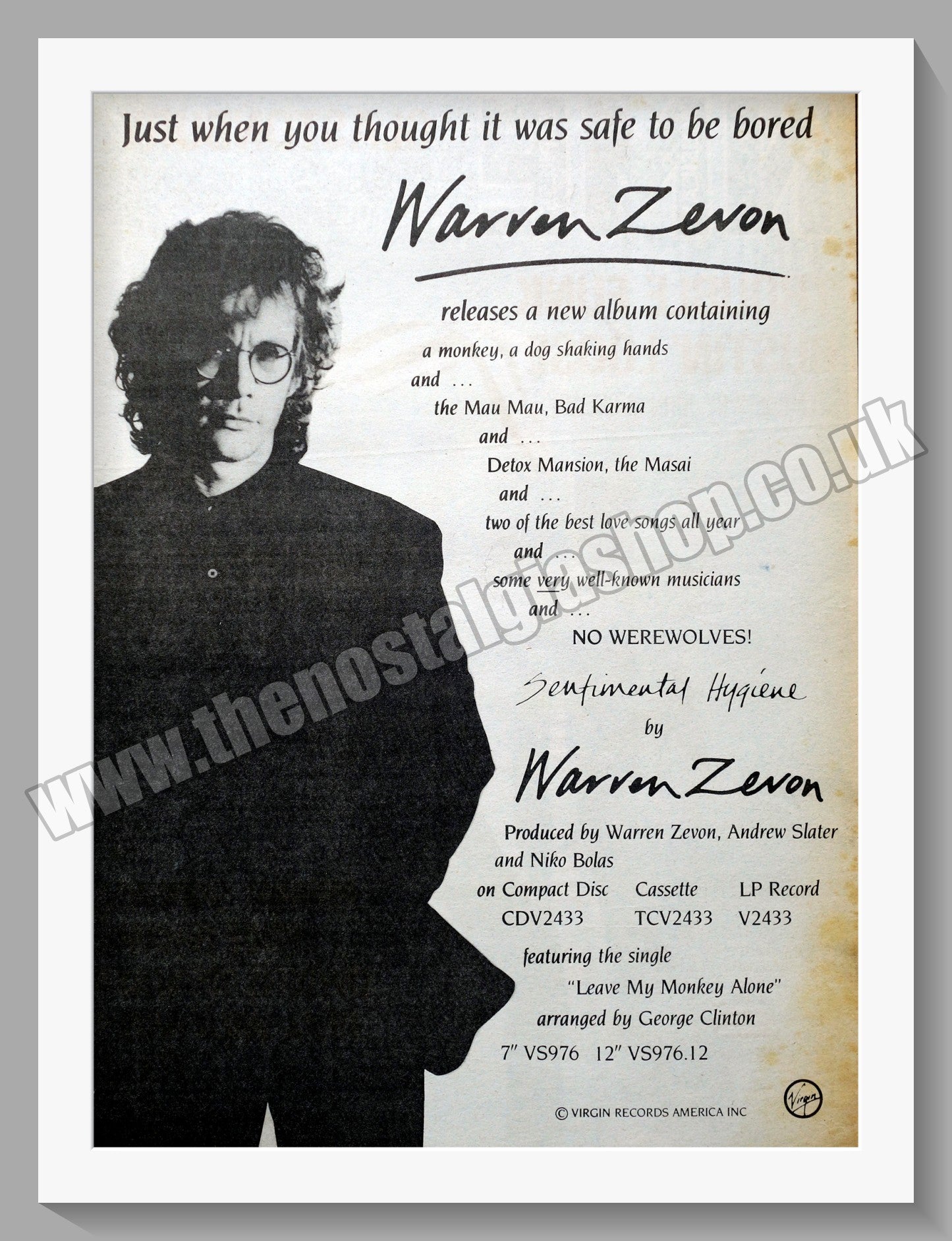 Warren Zevon. Sentimental Hygiene. Original Vintage Advert 1987 (ref AD14424)